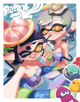 2girls afloat bare_shoulders black_hair black_pantyhose blunt_bangs border breasts callie_(splatoon) callie_(summer_nights)_(splatoon) chain chain_earrings chibi chibi_inset crop_top drink drink_bag drinking drinking_straw drinking_straw_in_mouth ear_piercing fangs food food_on_head fruit gradient_hair green_hair grey_hair highres holding holding_drink iridescent_clothes inkling innertube jellyfish_(splatoon) ka1_(k4k37) lemon lemon_slice long_hair looking_at_viewer marie_(splatoon) marie_(summer_nights)_(splatoon) medium_hair midriff miniskirt mole mole_under_eye multicolored_hair multiple_girls nintendo no_lineart object_on_head official_alternate_costume official_alternate_hairstyle one_eye_closed open_mouth orange_eyes oyster pantyhose pencil_skirt piercing pink_hair pointy_ears pool purple_tube_top reaching reaching_towards_viewer revision selfie shrimp sidelocks skirt small_breasts splatoon_(series) splatoon_3 squid star-shaped_pupils star_(symbol) strapless suspenders suspenders_slip swim_ring symbol-shaped_pupils taking_picture tentacle_hair tube_top twintails white_border yellow_pupils zipper zipper_pull_tab zipper_skirt