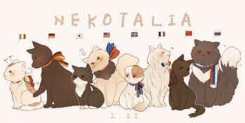 >_< america_(hetalia) american_flag american_flag_print animal animal_ears animal_nose animalization axis_powers_hetalia black-framed_eyewear black_eyes black_fur blue_eyes blush bow bowtie brown_fur brown_hair cat cat_ears cat_tail checkered_background china_(hetalia) closed_eyes closed_mouth commentary_request dated flag_print france_(hetalia) french_flag french_flag_print german_flag german_flag_print germany_(hetalia) glasses heart italian_flag italian_flag_print japan_(hetalia) japanese_flag japanese_flag_print long_hair looking_at_another ninonuko northern_italy_(hetalia) open_mouth people's_republic_of_china_flag ponytail red_ribbon ribbon russia_(hetalia) russian_flag russian_flag_print scarf semi-rimless_eyewear smile star_(symbol) star_print sweatdrop tail two-tone_fur union_jack union_jack_print united_kingdom_(hetalia) white_background white_fur