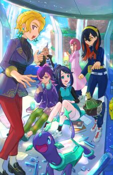 Rule 34 | 1boy, 5girls, belt, belt buckle, black hair, black shirt, black shoes, black socks, blonde hair, blue jacket, blue pants, briar (pokemon), buckle, carmine (pokemon), cloud, commentary request, crossed bangs, day, dot (pokemon), drayton (pokemon), earrings, fanny pack, gen 5 pokemon, green pants, hair between eyes, hair ornament, hairband, hairclip, holding, holding phone, jacket, jewelry, kutsunohito, lacey (pokemon), legendary pokemon, liko (pokemon), meloetta, multiple girls, mythical pokemon, nintendo, pants, phone, pointing, pokemon, pokemon (anime), pokemon (creature), pokemon horizons, purple hair, purple jacket, red pants, shirt, shoes, short hair, shorts, sinistcha, sitting, sky, socks, standing, swept bangs, terapagos, terapagos (normal), vest, white shoes, white shorts, yellow bag, yellow eyes, yellow hairband, zipper pull tab