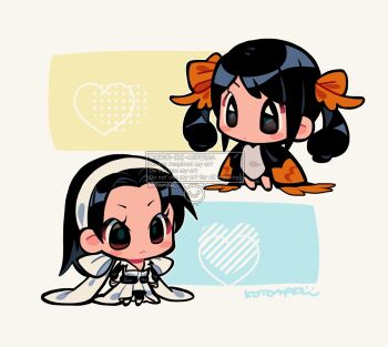 2girls :&lt; black_eyes black_hair chinese_clothes closed_mouth dot_mouth dress full_body hairband heart highres kazama_jun kotorai ling_xiaoyu long_hair multiple_girls orange_ribbon ribbon sleeves_past_fingers sleeves_past_wrists tekken twintails watermark white_dress white_hairband