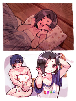 Rule 34 | 1boy, 1girl, aftersex, arm up, black hair, boku no kokoro no yabai yatsu, borrowed clothes, breasts, highres, husband and wife, lianbiglian, lipstick mark, muscular, muscular male, open mouth, pillow, playstation symbols, power bottom, short hair, smile, yamada sanae (bokuyaba), yamada yuuki (bokuyaba)