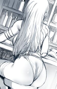 1girl 1other armband ass bar_(place) bar_stool bottle cup drinking_glass from_behind greyscale hews highres jeff_(marvel) leotard long_hair looking_at_another marvel marvel_rivals monochrome psylocke psylocke_(marvel_rivals) shark sketch stool