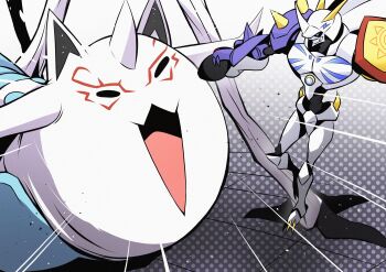 arm_cannon armagemon crossover digimon digimon_(creature) fubuzilla_(shirakami_fubuki) fusion grey_background highres hololive mecha mitosupa_(qsiqydfz7nesh9w) omegamon polka_dot polka_dot_background robot simple_background weapon