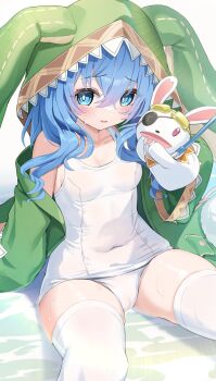 1girl animal_hood azur_lane blush breasts cameltoe coat covered_navel date_a_live green_coat hair_between_eyes hand_puppet highres himekawa_yoshino himekawa_yoshino_(secret_base) hood humo looking_at_viewer medium_hair official_alternate_costume one-piece_swimsuit parted_lips petite puppet rabbit_hood rabbit_puppet red_eyes red_hair sitting small_breasts solo swimsuit thighhighs water white_one-piece_swimsuit white_thighhighs wide_sleeves yoshinon