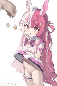 1girl :o @_@ animal_ears artist_name bandaid bandaid_on_leg blush bow bowtie braid brooch center_frills chromashift clothes_lift coin coin_on_string commentary_request commission cowboy_shot crescent crescent_hair_ornament dated dress dress_bow dress_lift frilled_dress frilled_thigh_strap frills frown garter_straps gloves groin hair_ornament hair_ribbon hair_rings highres holding holding_pendulum holed_coin hypnosis jewelry lalabell_lullaby lifting_own_clothes long_hair magical_girl mind_control multicolored_hair navel no_panties open_mouth pendulum pink_eyes pink_hair pink_trim pov pov_hands puffy_short_sleeves puffy_sleeves purple_bow purple_bowtie pussy rabbit_brooch rabbit_ears rabbit_girl ribbon short_sleeves simple_background single_garter_strap skeb_commission solo sparkle_hair_ornament split-color_hair star_ahoge susu_(ysy) thigh_strap uncensored very_long_hair virtual_youtuber white_background white_gloves white_hair white_ribbon