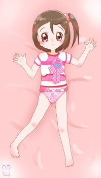 1girl animal barefoot bed blush bow_print brown_eyes brown_hair character_print clothes_writing cosplay crotch_seam cure_idol cure_idol_(cosplay) dakimakura_(medium) flat_chest heart heart_print jojifuku kimi_to_idol_precure loli looking_at_viewer lying on_bed panties pink_panties pink_shirt ponytail precure print_panties print_shirt rabbit sakura_hamori sakura_uta_(precure) scrunchie shirt short_hair short_sleeves side_ponytail smile underwear urameido