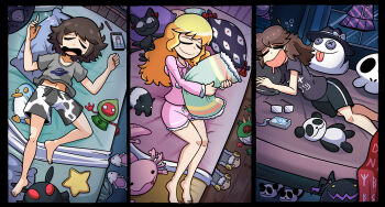 3girls animal_print animal_slippers bakebake_(touhou) barefoot bed black_shorts blonde_hair bowl bowl_hat brown_hair bunny_slippers clenched_hand closed_eyes drooling gap_(touhou) glasses grey_shirt hat highres holding holding_pillow hood hoodie kaenbyou_rin kevin_arthur lying maribel_hearn mouth_drool multiple_girls notebook on_bed on_side open_mouth panda_slippers pillow pink_hoodie pink_shorts shirt shorts sleeping sleepwear slippers smile squeans stuffed_animal stuffed_axolotl stuffed_panda stuffed_penguin stuffed_star stuffed_tapir stuffed_toy touhou ufo_print unworn_eyewear unworn_headwear usami_renko usami_sumireko window zebra_print zzz