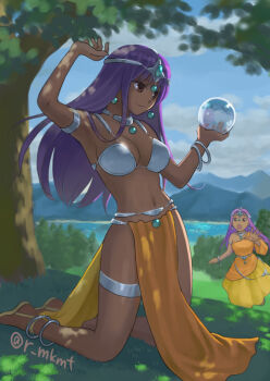 2girls arm_up armlet armpits asymmetrical_dress blue_sky breasts brown_eyes circlet cleavage cloud cloudy_sky crystal_ball dancer&#039;s_costume_(dq) dappled_sunlight dark-skinned_female dark_skin dragon_quest dragon_quest_iv dress earrings forehead_jewel full_body gem green_gemstone holding_orb jewelry kneeling light_smile loincloth long_dress long_hair long_sleeves medium_breasts metal_bikini metal_bra minea_(dq4) multiple_girls navel on_grass open_mouth orange_dress orange_loincloth outdoors outstretched_arm outstretched_hand pelvic_curtain purple_hair reaching reaching_towards_another ruomikimoto sandals siblings silver_circlet single_bare_shoulder single_sleeve sisters sky sphere_earrings sunlight theft thighlet tree water