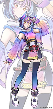 1girl absurdres arm_up bare_shoulders belt black_belt black_hair blonde_hair blue_hair boots commentary_request dated dress fei_luo_mao fingerless_gloves fingernails full_body gloves gradient_thighhighs henshin_belt_gavv highres jacket kamen_rider kamen_rider_gavv kamen_rider_gavv_(poppingummy_form) kamen_rider_gavv_(series) lollipop_in_mouth multicolored_hair off_shoulder open_clothes open_jacket purple_hair rider-tan see-through_clothes see-through_jacket short_dress short_hair sleeveless sleeveless_dress solo standing two_side_up white_boots white_gloves yellow_eyes zipper zoom_layer