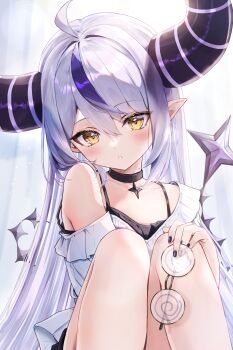 1girl ahoge black_camisole black_choker black_horns black_nails camisole choker commentary_request demon_horns double-parted_bangs frilled_shirt_collar frills grey_hair head_tilt highres holding holding_removed_eyewear hololive horns knees_up la+_darknesss long_hair looking_at_viewer nail_polish paid_reward_available parted_lips pendant_choker pointy_ears purple_streaks shirt single_hair_streak single_off_shoulder sitting solo straight-on striped_horns tail unworn_eyewear very_long_hair virtual_youtuber white_shirt yellow_eyes yuki_haru