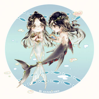 2boys air_bubble beads black_hair blue_background braid brown_eyes bubble chibi chibi_only commentary_request eyepatch fins fish full_body gem grey_eyes hair_beads hair_bun hair_ornament head_fins holding holding_shell hua_cheng jewelry long_hair looking_at_another male_focus merman monster_boy monsterification multiple_boys necklace nude open_mouth parted_lips pointy_ears seashell shark_boy shell side_braid single_braid single_hair_bun smile starember tianguan_cifu twitter_username underwater water xie_lian yaoi