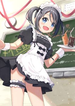 1girl absurdres apron black_bow black_dress blue_eyes blush bow chalkboard classroom commentary_request cowboy_shot dress dress_bow drink drinking_straw frilled_dress frilled_thigh_strap frills glass highres holding holding_tray indoors looking_at_viewer maid maid_apron maid_headdress negimiso1989 open_mouth original parted_bangs short_dress short_sleeves smile solo standing thigh_strap tray two_side_up white_apron white_wrist_cuffs wrist_cuffs