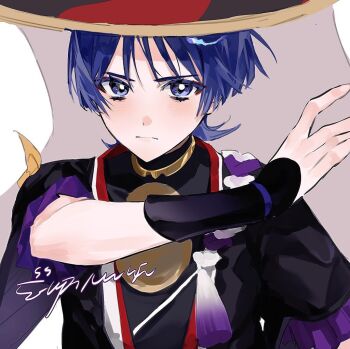 1boy arm_at_side armor black_hat black_kimono black_sleeves blunt_ends blush closed_mouth cnorkie colored_eyelashes expressionless eyeliner eyeshadow frilled_sleeves frills genshin_impact gold grey_veil hand_up hat japanese_armor japanese_clothes jewelry jingasa juban kimono kote kurokote layered_sleeves looking_at_viewer makeup male_focus neck_ring open_clothes open_kimono purple_eyes purple_hair purple_rope purple_sleeves red_eyeliner red_eyeshadow red_hat red_kimono rope scaramouche_(genshin_impact) shimenawa short_sleeves signature single_sode solo tassel tsurime veil white_background white_kimono white_rope