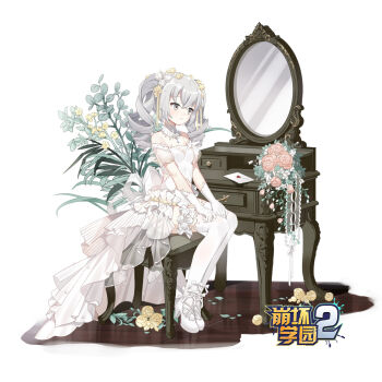 1girl alternate_hairstyle bare_shoulders benghuai_xueyuan breasts bronya_zaychik closed_mouth copyright_name dress drill_hair envelope flower full_body gloves grey_eyes grey_hair hair_between_eyes hair_ornament honkai_(series) long_hair mirror plant rose simple_background sitting small_breasts smile solo stool table thighhighs twin_drills vanity_table white_background white_dress white_gloves white_thighhighs zhenming