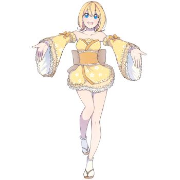 1girl blonde_hair blue_eyes bow breasts detached_sleeves floral_print frilled_sleeves frills full_body hair_between_eyes highres japanese_clothes kimono light_blush looking_at_viewer low_twintails non-web_source official_alternate_costume official_art open_mouth outstretched_arms sandals short_hair short_twintails sidelocks simple_background small_breasts socks solo standing standing_on_one_leg straight-on strapless_kimono tachi-e taiyo_ami transparent_background twintails utau white_socks wide_sleeves yellow_bow yellow_kimono yellow_sleeves yen-mi