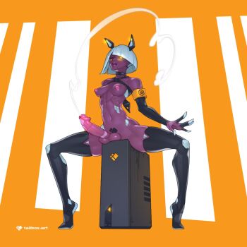 1futa artist_logo black_thighhighs breasts colored_skin computer computer_tower cum cum_string dark_skin ejaculation erection full_body futanari glowing glowing_penis highres javascript large_penis logo medium_breasts navel one_eye_closed open_mouth orange_background original penis purple_skin robot_ears short_hair solo tailbox testicles thighhighs white_hair yellow_eyes
