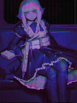 1girl ammunition_pouch android apron arm_support cassette_player chest_rig chromatic_aberration color_banding dark distortion dress earbuds earphones empty_eyes frilled_apron frilled_dress frills glitch gun heavy_chromatic_aberration holding holding_gun holding_weapon leaning_to_the_side maid maid_apron marie_(peripeteia) mechanical_arms mechanical_legs notfuji peripeteia pm-63_rak pouch serious short_hair sidelocks sitting solo static train_interior weapon white_apron white_hair