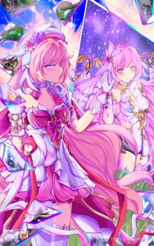 absurdres artist_request beret black_shorts breasts broken_glass commentary corset diamond-shaped_pupils diamond_(shape) dress elf elysia_(herrscher_of_human:_ego)_(honkai_impact) elysia_(hi_love_elf)_(honkai_impact) elysia_(honkai_impact) english_commentary glass hat highres honkai_(series) honkai_impact_3rd hoyolab_username large_breasts long_hair multicolored_hair pink_dress pink_hair pointy_ears purple_eyes second-party_source short_shorts shorts symbol-shaped_pupils thighhighs two-tone_hair veil very_long_hair white_corset white_dress white_hair white_thighhighs white_veil