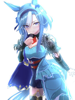 Rule 34 | 1girl, admire groove (umamusume), amutaro, animal ears, black thighhighs, blue dress, blue hair, blush, breasts, closed mouth, commentary request, detached sleeves, dress, ear covers, hairband, horse ears, horse girl, horse tail, long hair, looking at viewer, medium breasts, mole, mole under mouth, multicolored hair, purple eyes, see-through clothes, see-through sleeves, short sleeves, simple background, solo, streaked hair, tail, thighhighs, umamusume, white background, white hair, white streaks