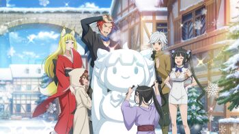 2boys 4girls :d :o animal_ear_fluff animal_ears anime_coloring arch bell_cranel black_hair black_pants blonde_hair blue_bow blue_bowtie blue_ribbon blue_scarf blunt_bangs bow bowtie breasts brown_coat brown_eyes brown_hair brown_jacket chisel christmas christmas_tree cleavage cleavage_cutout closed_eyes closed_mouth clothing_cutout coat covered_navel danmachi_battle_chronicle dress dungeon_ni_deai_wo_motomeru_no_wa_machigatteiru_darou_ka fox_ears fox_girl fox_tail game_cg gloves green_eyes half-timbered hand_on_own_forehead hand_up hestia_(danmachi) highres holding holding_chisel holding_mallet hood hood_up hooded_coat house jacket japanese_clothes kimono large_breasts liliruca_arde long_hair mallet multiple_boys multiple_girls non-web_source obi official_art open_mouth outdoors pants parted_lips pencil_dress ponytail purple_kimono red_eyes red_hair red_kimono rei_no_himo ribbon sanjouno_haruhime sash scarf sculpting short_dress short_hair sidelocks sleeveless sleeveless_dress smile snow snow_sculpture snowflakes snowing standing tail tight_clothes tight_dress twintails welf_crozzo white_dress white_gloves white_hair yamato_mikoto