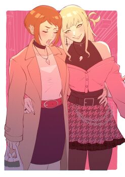 absurdres aged_up blonde_hair blunt_bangs blush boku_no_hero_academia breasts brown_hair couple fangs highres liiiisssssaa long_sleeves narrowed_eyes open_mouth short_hair sidelocks simple_background slit_pupils smile teeth toga_himiko uraraka_ochako yellow_eyes yuri