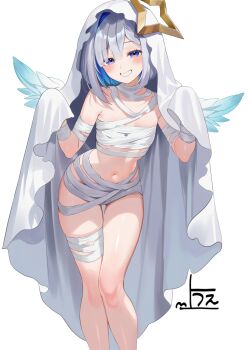 1girl :d amane_kanata angel_wings bandaged_leg bandages blue_hair blue_wings bob_cut colored_inner_hair feathered_wings flat_chest gradient_wings grey_hair grin halo highres hololive looking_at_viewer multicolored_hair multicolored_wings naked_bandage navel open_mouth pink_hair purple_eyes sheet_ghost short_hair simple_background single_hair_intake smile solo star_halo stomach streaked_hair thigh_gap tilted_halo uekana9 virtual_youtuber white_background white_wings wings
