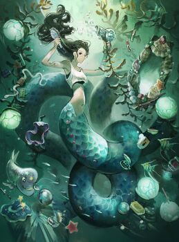 Rule 34 | 1girl, bayashiko, black eyes, black hair, breasts, bubble, can, comb, cosmetics, eel, fantasy, female focus, fish, gem, hair dryer, hat, highres, lamia, lipstick tube, long hair, makeup, midriff, mirror, monster girl, navel, ocean, original, seaweed, shell, small breasts, soap, solo, starfish, tattoo, tin (container), tropical fish, underwater, unworn hat, unworn headwear, very long hair