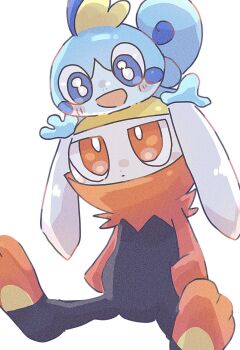 blue_eyes blue_skin colored_skin covered_mouth curled_tail dot_nose eye_contact fins gen_8_pokemon hands_in_pockets head_fins hibani123 highres jitome looking_at_another nintendo no_humans on_head pokemon pokemon_(creature) pokemon_focus raboot red_eyes simple_background sitting sobble white_background