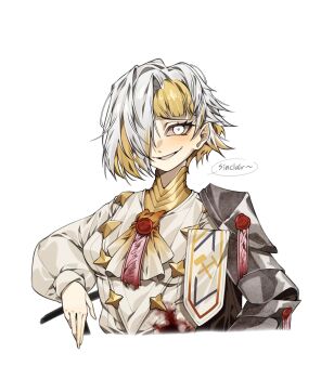 1girl ascot blood blood_on_clothes english_text gauntlets highres kromer_(project_moon) limbus_company looking_at_viewer parted_lips project_moon single_gauntlet smile solo speech_bubble star_button suillus talisman upper_body wax_seal white_ascot