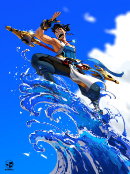 1boy abs black_hair blue_sky borudbrian commission fingerless_gloves full_body gloves highres holding holding_weapon muscular muscular_male open_mouth overwatch pants sky smile staff surf surfing teeth water waving weapon wuyang_(overwatch)