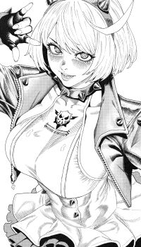 1girl \m/ ahoge blush breasts collar collarbone commentary dress elphelt_valentine fingerless_gloves gloves greyscale guilty_gear guilty_gear_strive hairband hatching_(texture) highres jacket large_breasts lips looking_at_viewer monochrome open_clothes open_jacket short_hair simple_background solo spiked_collar spiked_hairband spiked_jacket spikes websake white_background