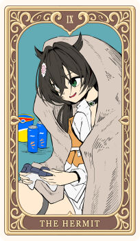 1girl bags_under_eyes brown_hair can choker controller cup_ramen drink_can empty_eyes game_controller goddess_of_victory:_nikke green_eyes hair_flaps hair_ornament highres holding holding_controller holding_game_controller soda_can syope tarot the_hermit_(tarot) trony_(nikke) wavy_mouth wrapped_in_blanket