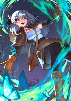 Rule 34 | 1girl, alternate costume, anzailee, bag, black pants, boots, braid, breasts, brown bag, brown boots, brown capelet, brown gloves, brown skirt, bug, butterfly, capelet, cleavage, commentary, cone hair bun, detached sleeves, dutch angle, english commentary, foot out of frame, gloves, grey hair, hair bun, highres, hololive, hololive indonesia, insect, long hair, looking at viewer, medium breasts, open mouth, pants, pants under skirt, purple eyes, ribbed shirt, shirt, shoulder bag, skirt, solo, standing, teeth, upper teeth only, vestia zeta, virtual youtuber