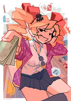 +++ 1girl absurdres banknote black_choker black_eyes black_hat black_skirt black_socks border bow bracelet bread breasts character_doll choker cleavage commentary cosmetics cowboy_shot cup diamond_earrings disposable_cup doll drill_hair earrings english_text eyewear_between_breasts fang food gold_bracelet grid_print hair_bow hand_on_own_head hat highres holding holding_money incoming_gift jacket jewelry kneehighs large_breasts leg_up lipstick_tube long_sleeves looking_at_viewer lotion_bottle magazine_(object) makeup_brush makeup_palette makeup_sponge midriff_peek mini_hat money no_sclera open_mouth orange_hair pleated_skirt purple_jacket raised_inner_eyebrows red_bow shirt sidelighting skirt smile socks solo sparkle speech_bubble sunglasses swept_bangs table thought_bubble tommyyu4000 top_hat touhou twin_drills twitter_username white_border white_shirt window wooden_table yorigami_jo&#039;on yorigami_shion