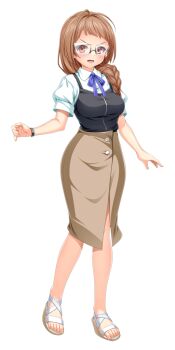 1girl black_camisole blue_ribbon blush braid breasts brown_eyes brown_hair brown_skirt camisole casual full_body game_cg glasses hair_over_shoulder kamitsurugi_ouka kouyoku_senki_exs-tia_concert kunijima_chiaki large_variant_set long_hair long_skirt looking_at_viewer neck_ribbon non-web_source official_art open_mouth pencil_skirt ribbon sandals shirt short_sleeves single_braid skirt solo standing tachi-e transparent_background variant_set watch white_shirt wristwatch