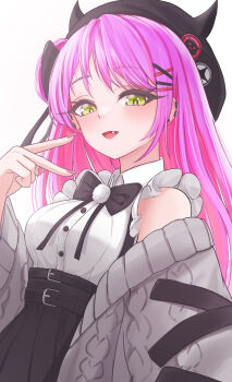 1girl absurdres beret black_hat black_skirt blush cardigan commentary_request fang green_eyes grey_cardigan hair_ornament hairpin hat highres hololive looking_at_viewer multicolored_hair nail_polish official_alternate_costume official_alternate_hairstyle open_mouth pink_hair pink_nails purple_hair ruo1001 shirt skirt smile solo streaked_hair tokoyami_towa tokoyami_towa_(jirai_kei) v virtual_youtuber white_shirt x_hair_ornament