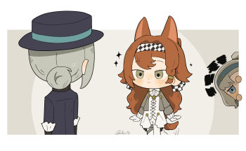 3girls animal_ears black_coat black_hat blue_eyes blue_hairband boater_hat border checkered_hairband chibi closed_mouth coat cowboy_shot daku_k dog_ears dog_girl dog_tail dress envy facing_another facing_away gloves green_eyes grey_background grey_hair hair_bun hairband hat highres kemonomimi_mode long_hair looking_at_another matilda_bouanich multiple_girls orange_hair outside_border pants pants_under_dress peeking peeking_out reverse:1999 short_hair single_side_bun smile sonetto_(reverse:1999) sparkle squiggle sweat tail vertin_(reverse:1999) white_border white_dress white_gloves white_pants