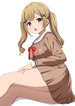 1girl :o bang_dream! bare_legs blonde_hair blush breasts brown_shirt brown_skirt commentary_request hair_ornament highres ichigaya_arisa large_breasts long_hair long_sleeves looking_at_viewer noshimurin open_mouth sailor_collar school_uniform shirt sidelocks simple_background sitting skirt solo thighs twintails v-shaped_eyebrows white_background white_sailor_collar x_hair_ornament yellow_eyes