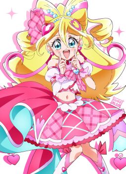 1girl :d artist_name blonde_hair blue_eyes boots brooch commentary cure_idol cure_nico detached_sleeves double_bun earrings hair_bun hair_ornament hair_ribbon hair_rings hairband heart heart_brooch heart_earrings heart_hair_ornament highres index_fingers_together jewelry kimi_to_idol_precure knee_boots long_hair magical_girl medium_skirt midriff multicolored_hair navel open_mouth overskirt pink_boots pink_hair pink_ribbon pink_skirt plaid_clothes plaid_skirt precure puffy_detached_sleeves puffy_sleeves ribbon sakura_uta_(precure) shirt signature silhouette skirt sleeveless sleeveless_shirt smile solo sparkle streaked_hair two-tone_hair white_background white_hairband wrist_cuffs