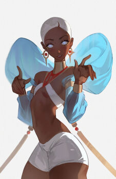1girl absurdres blue_eyes breasts charmiisan commentary dark-skinned_female dark_skin earrings highres jewelry looking_at_viewer original parted_lips see-through_clothes see-through_sleeves short_hair shorts simple_background small_breasts solo very_short_hair white_background white_hair white_shorts