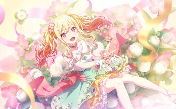 1girl :d blonde_hair blurry bokeh colorful_palette depth_of_field dress flower foot_out_of_frame game_cg gloves gradient_hair hair_flower hair_ornament highres long_hair looking_at_viewer multicolored_hair official_art open_mouth pink_eyes pink_flower pink_hair pink_shoes project_sekai shoes sitting sleeveless sleeveless_dress smile solo streamers tenma_saki third-party_source tongue twintails white_gloves