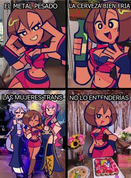 3girls 4koma \n/ ahoge belt birthday_cake black_belt black_bow black_bra black_eyes black_gloves black_pants black_shirt black_thighhighs boots bottle bow bra breasts bright_pupils brown_boots brown_hair cake cleavage closed_eyes closed_mouth comic cropped_jacket fingerless_gloves flower food gloves grey_hair grey_shirt hair_bow hand_on_own_hip happy_birthday headphones heart high_heels highres holding holding_bottle jacket large_breasts megurine_luka meiko_(vocaloid) meme midriff mob_face multiple_girls navel necktie one_eye_closed open_clothes open_jacket open_mouth pants photo-referenced photo_background pink_bag pink_hair plate ponytail purple_belt purple_necktie purple_trim rainelyn00 red_jacket red_skirt shirt short_hair skirt spanish_text teeth thighhighs underwear upper_teeth_only vocaloid white_pupils yellow_boots yowane_haku