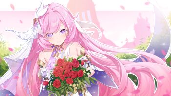 1girl absurdres ai_ke_le_de_xiao_hong bare_shoulders bouquet breasts diamond-shaped_pupils diamond_(shape) elysia_(herrscher_of_human:_ego)_(honkai_impact) elysia_(honkai_impact) falling_petals flower highres holding holding_bouquet honkai_(series) honkai_impact_3rd large_breasts long_hair looking_at_viewer outdoors petals pink_hair purple_eyes smile solo symbol-shaped_pupils triquetra veil very_long_hair white_veil
