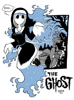 Rule 34 | 1girl, absurdres, artist name, breasts, character name, ghost, graveyard, highres, large breasts, long hair, long sleeves, looking at viewer, no mouth, nun, original, rariatto (ganguri), solo, sotoba, speech bubble, spirit, the ghost (rariatoo), tombstone, traditional nun