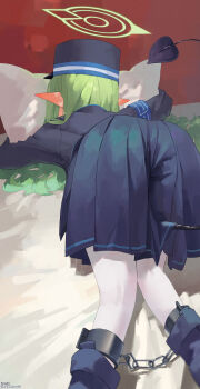 1girl 240mmap absurdres blazer blue_archive boots bound commentary_request cuffs from_behind grey_hair halo hat highres hikari_(blue_archive) hugging_object jacket loli long_hair pantyhose pillow pillow_hug pleated_skirt pointy_ears restrained shackles shako_cap skirt solo tail top-down_bottom-up very_long_hair white_pantyhose