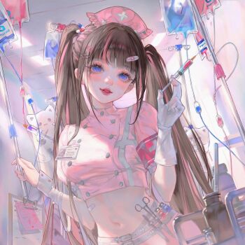 1girl armband bandaid belt blue_eyes bottle breasts brown_hair character_request copyright_request eyeliner full_mouth gloves hair_ornament hairclip hat highres holding holding_syringe id_card intravenous_drip long_hair makeup medium_breasts midriff multicolored_hair navel non-web_source nurse nurse_cap original parted_lips red_armband scalpel scissors single_glove solo source_request streaked_hair syringe very_long_hair white_belt white_gloves wrist_cuffs xiangtou0529