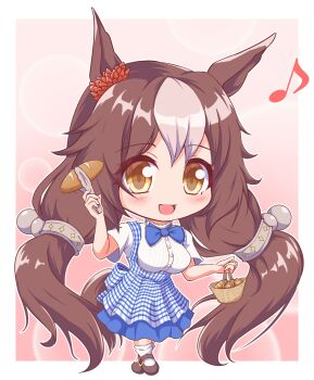 Rule 34 | 1girl, animal ears, basket, blue dress, blush, bread, breasts, brown eyes, brown hair, chibi, chibi only, commentary request, dress, ear scrunchie, food, hair between eyes, hair ornament, highres, holding, holding basket, holding tongs, horse ears, horse girl, horse tail, long hair, looking at viewer, low twintails, mokichi3356, multicolored hair, musical note, open mouth, red scrunchie, scrunchie, shoes, short sleeves, smile, socks, solo, tail, tongs, twintails, umamusume, white dress, white hair, white socks, yamanin zephyr (umamusume)
