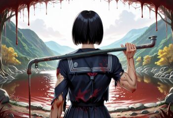 ai-generated black_hair blood lead_pipe school_uniform serafuku short_hair torn_clothes
