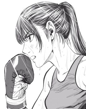 1girl boxing boxing_gloves breasts commentary_request from_side greyscale hatching_(texture) high_ponytail highres lee_(dragon_garou) light_rays medium_breasts monochrome original ponytail portrait serious solo sports_bra sweat v-shaped_eyebrows very_sweaty
