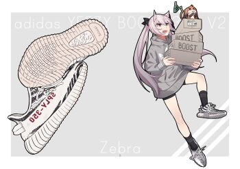 Rule 34 | 1girl, absurdres, adidas, black shorts, black socks, border, box, casual, commentary request, creature, footwear focus, full body, grey background, grey hoodie, hair ears, highres, holding, holding box, hood, hood down, hoodie, jacket, jouhou, jumping, long hair, long sleeves, mashiko kaoru, nene (toji no miko), open clothes, open jacket, outside border, pink hair, purple eyes, shoes, shorts, simple background, sneakers, socks, solo, toji no miko, twintails, v-shaped eyebrows, white border, white shoes